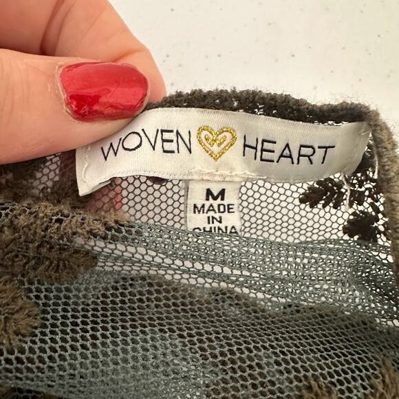 Woven Heart Kimono Duster Medium Green Sheer Embroidered Boho Whimsy Fairy - Picture 6 of 9